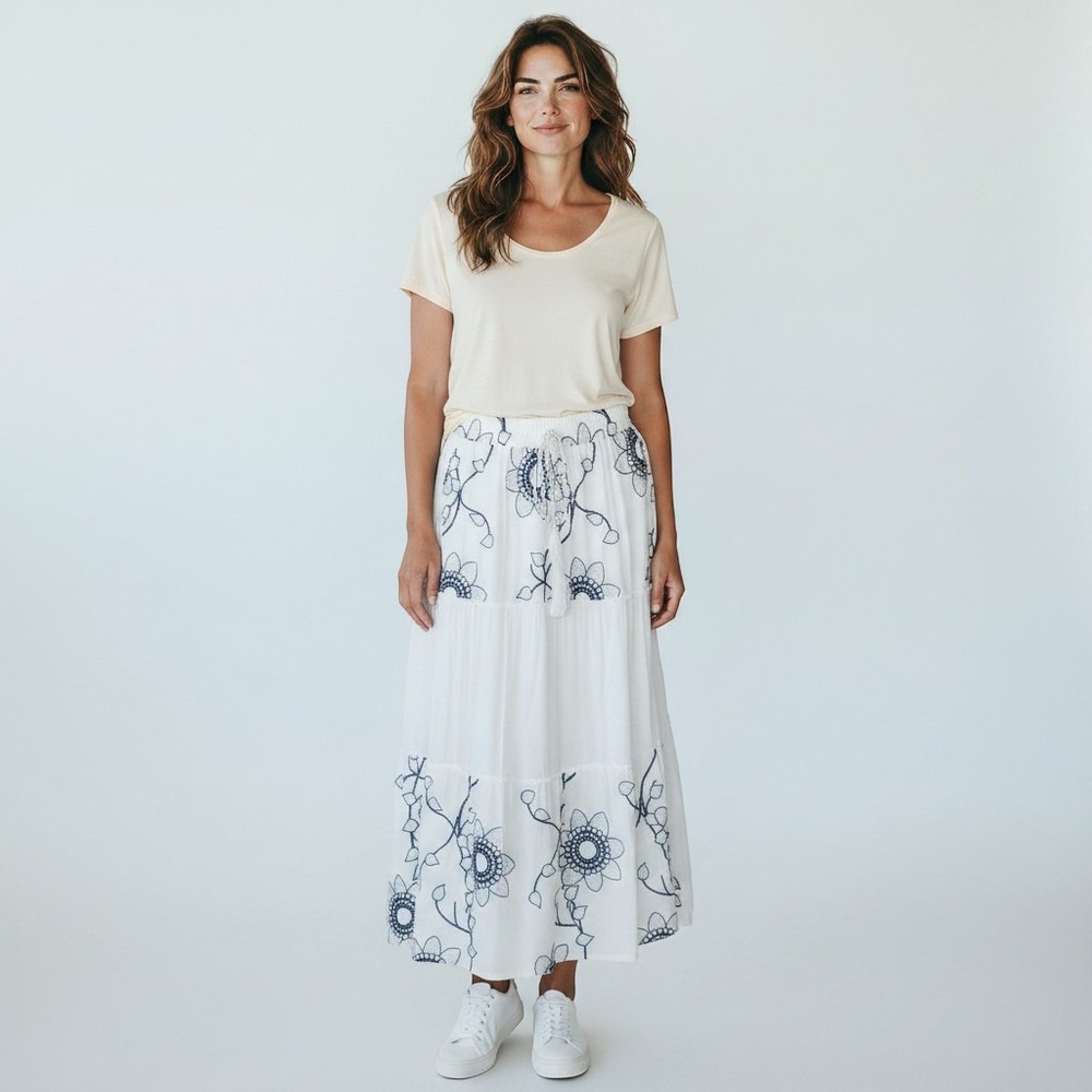 Mermaid Fashion Womens White Floral Embroidered Sequin Tiered Maxi Skirt Small - Picture 1 of 9